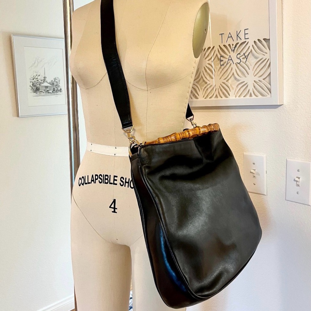 Authentic Gucci Black Leather Shoulder Bag with Bamboo Accent